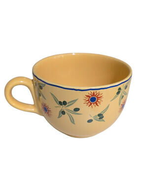 Large 16 oz Yellow Soup Mug Coffee Cup With Handle Orange Flowers/Olives